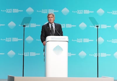 Harrison Ford speaks at the World Government Summit in Dubai. Chris Whiteoak / The National