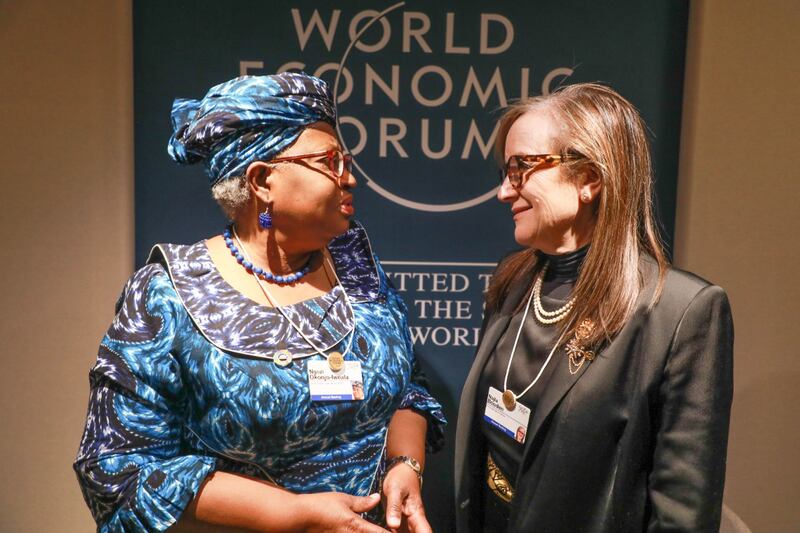 Ms Bouden speaks with Ngozi Okonjo-Iweala, Director General of the World Trade Organisation, at the forum. Photo: Presidency of Tunisia / Facebook