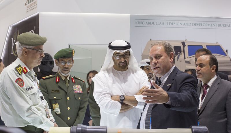 Sheikh Mohammed visits the Jordanian pavilion with Lt Gen Hamad Al Romaithi, Chief of Staff UAE Armed Forces (2nd L). Ryan Carter / Crown Prince Court - Abu Dhabi