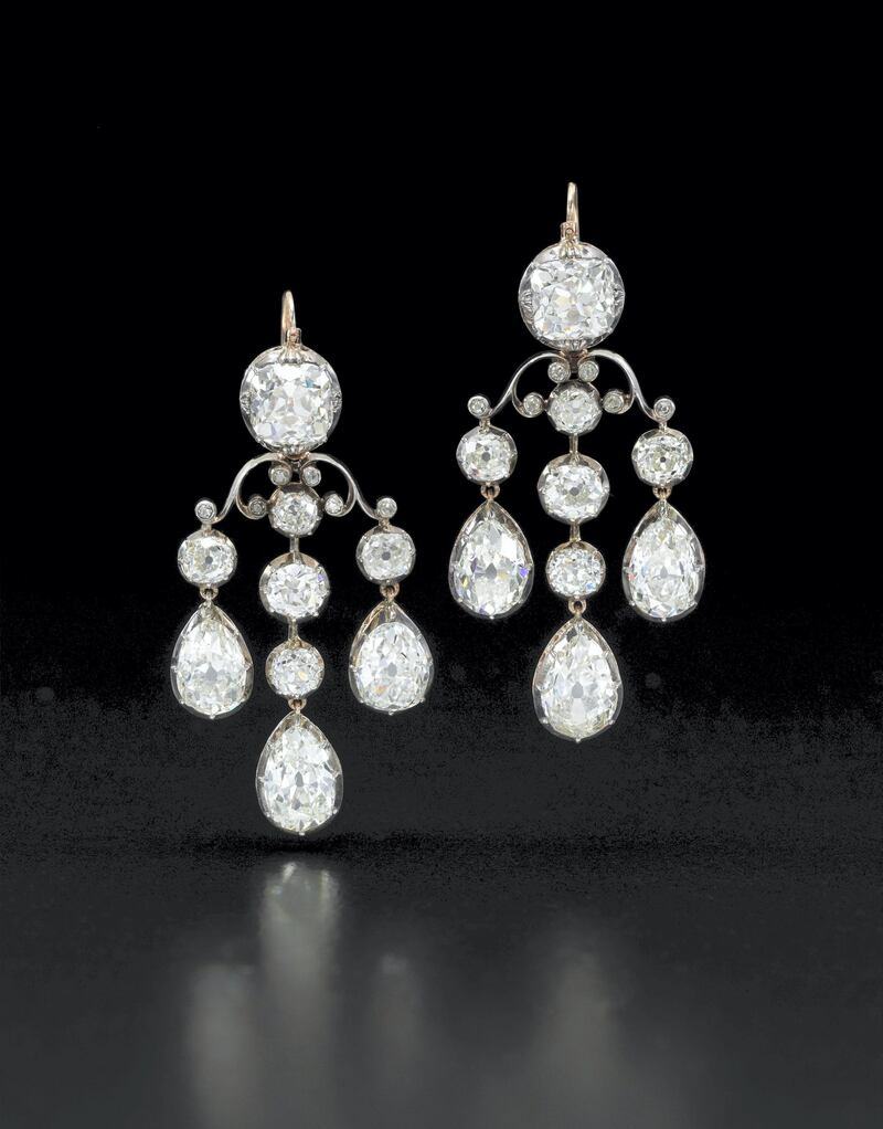 A pair of diamond girandole earrings, that belonged to the Duchess of Parma, which sold for Dh2.68 million.