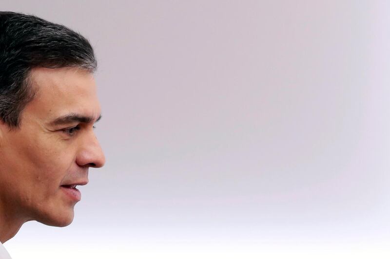 Spain's caretaker Prime Minister and socialist candidate Pedro Sanchez attends a Socialists executive board meeting at party headquarters in Madrid, Spain, Monday, Nov. 11, 2019. Spain looked set Monday to face political uncertainty for many more months after the country's fourth elections in as many years further complicated an already messy political situation. (AP Photo/Manu Fernandez)