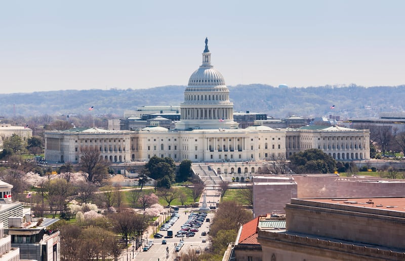 The Capitol building on Capitol Hill in Washington, as seen from the tower of the Old Post Office, which is now the Trump International Hotel. incamerastock / Alamy Stock Photo