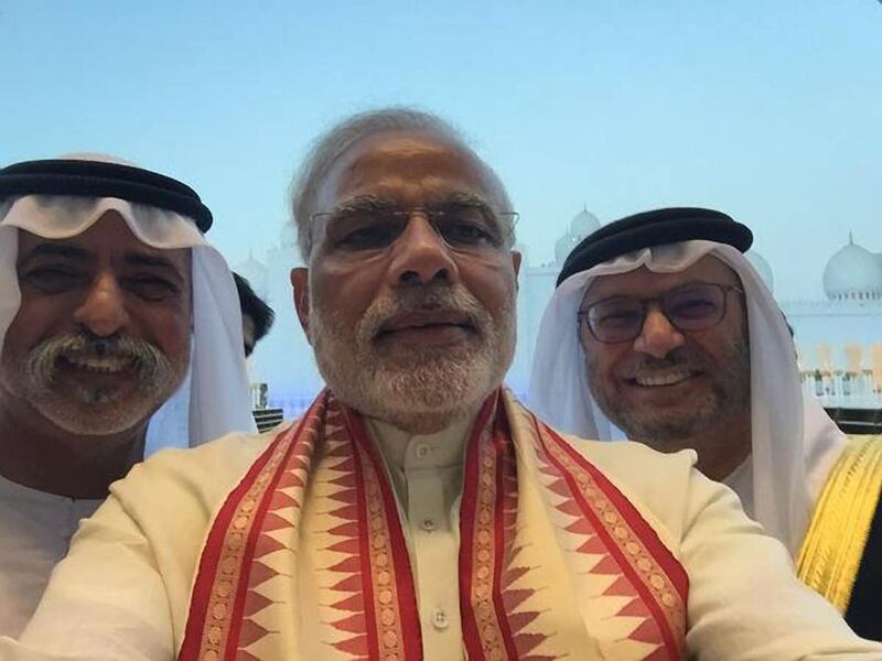 Indian prime minister Narendra Modi tweeted this selfie, joined by Sheikh Nahyan bin Mubarak and Dr Anwar Gargash.