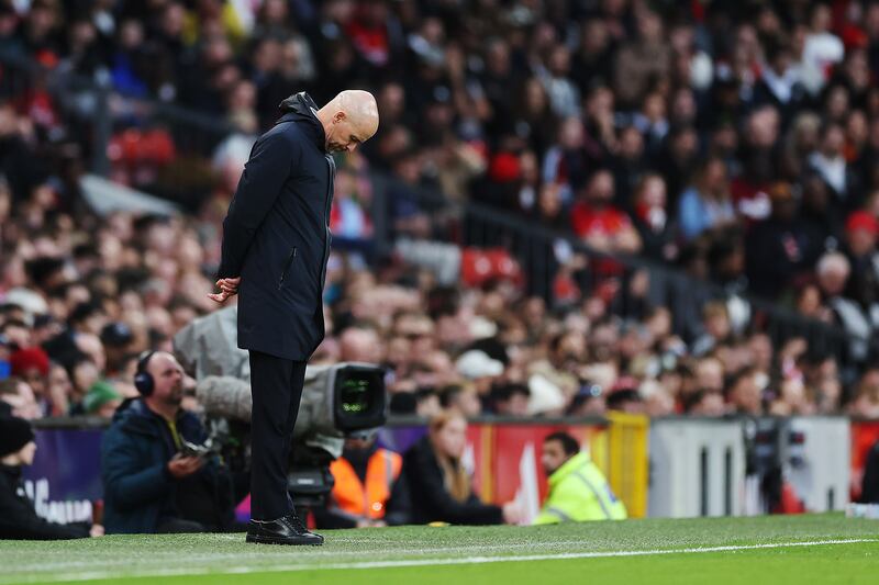Erik ten Hag, manager of Manchester United, reacts during the Premier League match between United and Manchester City. Getty