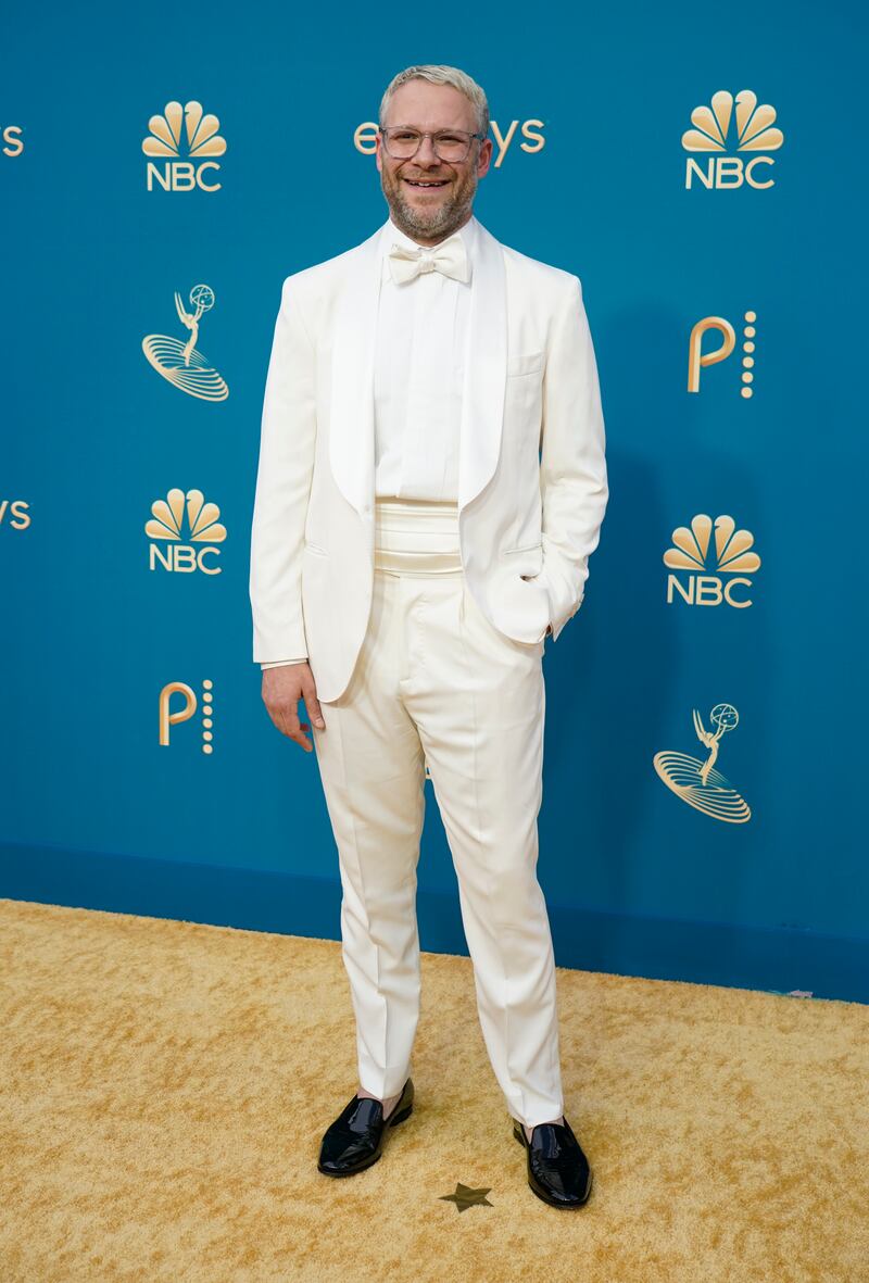 Seth Rogen wearing a white Brunello Cucinelli tuxedo. AP Photo
