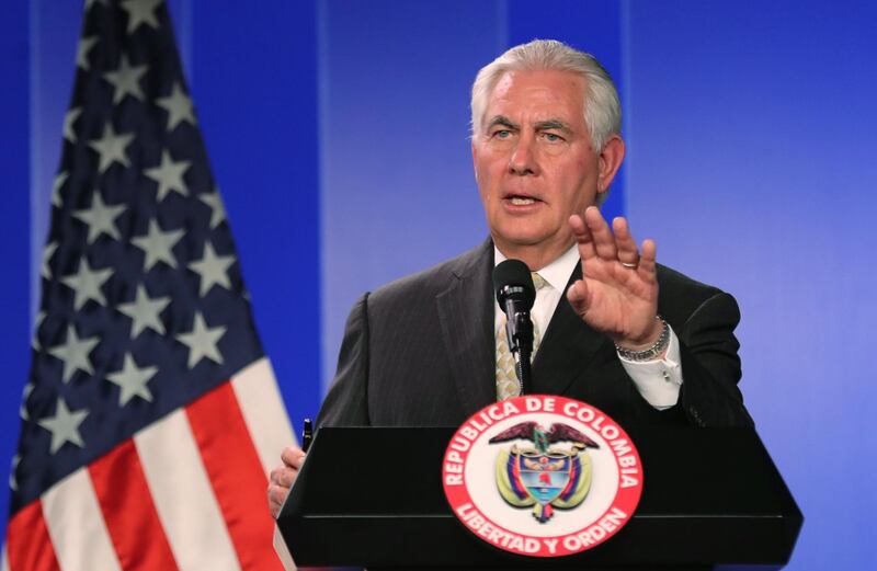 epa06501399 US Secretary of State Rex Tillerson speaks during a joint press conference with Colombian President Juan Manuel Santos (not pictured) in Bogota, Colombia, 06 February 2018. Santos urged to restore democracy in Venezuela during a joint press conference with US Secretary of State Rex Tillerson.  EPA/MAURICIO DUENAS CASTANEDA