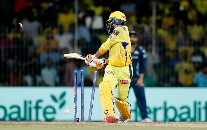 Ravindra Jadeja of Chennai Super Kings is clean bowled by Mohammad Shami of Gujarat Titans. Getty