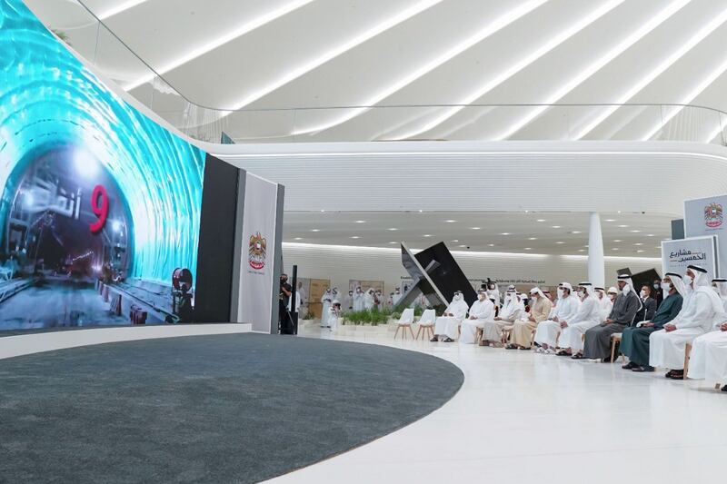 Sheikh Mohammed bin Rashid, Vice President and Ruler of Dubai, and Sheikh Mohamed bin Zayed, Crown Prince of Abu Dhabi and Deputy Supreme Commander of the Armed Forces, watch a presentation on the progress of the 'Etihad Rail' project. All photos: Dubai Media Office
