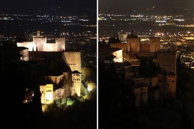 epa09102206 A composite photo of two images shows the Alhambra castle with its illumination switched on (L), and the illumination switched off (R) to mark Earth Hour, in Granada, southern Spain, 27 March 2021. Earth Hour is an annual event in which lights are switched off in major cities around the world to draw attention to energy consumption and its environmental effects. The aim is to give people a voice on the planet's future and an opportunity to work together to create a sustainable low carbon future for planet earth. EPA/Pepe Torres