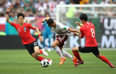 ROSTOV-ON-DON, RUSSIA - JUNE 23:  Javier Hernandez of Mexico challenge for the ball with Ju Se-Jong and Lee Jae-Sung of Korea Republic during the 2018 FIFA World Cup Russia group F match between Korea Republic and Mexico at Rostov Arena on June 23, 2018 in Rostov-on-Don, Russia.  (Photo by Clive Brunskill/Getty Images)