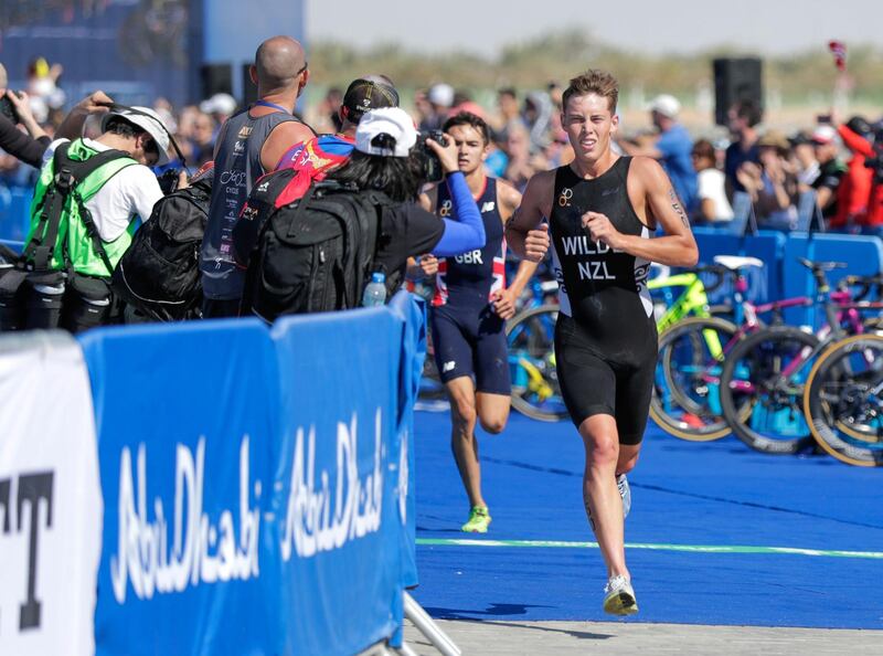 Abu Dhabi, United Arab Emirates, March 8, 2019.  Elite Division ITU Traiathlon at the YAS Marina Circuit. --  Third stage of the  triathlon, run.--  Early leader of the race Hayden Wilde of New Zealand.
Victor Besa/The National
Section:  NA
Reporter:  Haneen Dajani