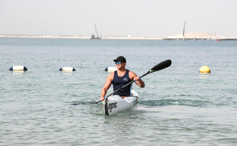 Abu Dhabi, United Arab Emirates - Mike Ballard paralyzed waist down after a rugby incident in 2014 preparing for his trails to kayak for team USA in Paralympic Games next year, January 25, 2018. Khushnum Bhandari for The National
