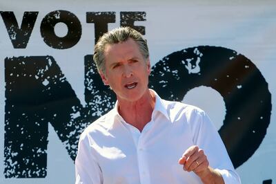 California Governor Gavin Newsom speaks at a rally in Sun Valley against the recall election, California. AP