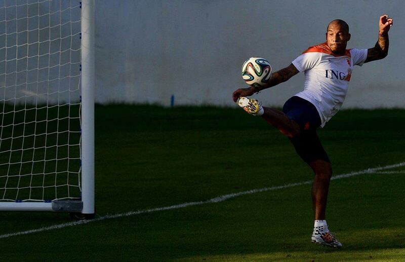 NIgel de Jong shown during a Netherlands team training session ahead of their 2014 World Cup semi-final against Argentina on Wednesday. Koen van Weel / EPA / July 6, 2014