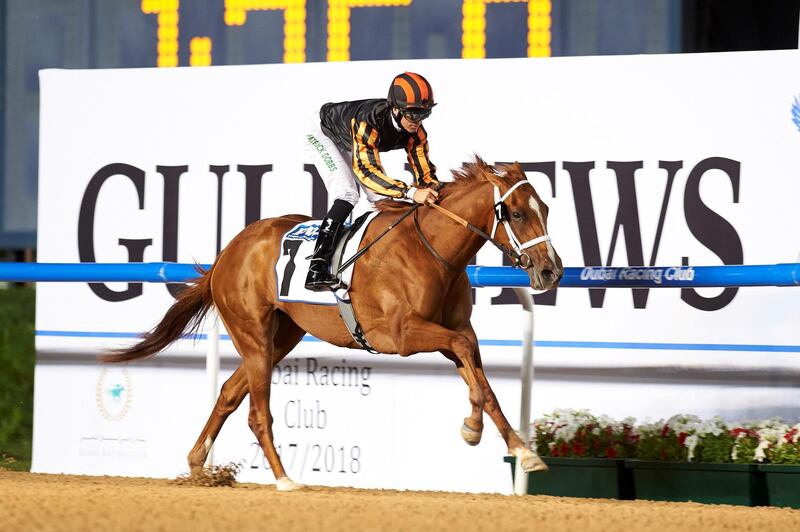 Pat Dobbs on-board Rayya wins the Property Weekly Maiden at Meydan Racecourse for trainer Doug Watson. Andrew Watkins / Dubai Racing Club