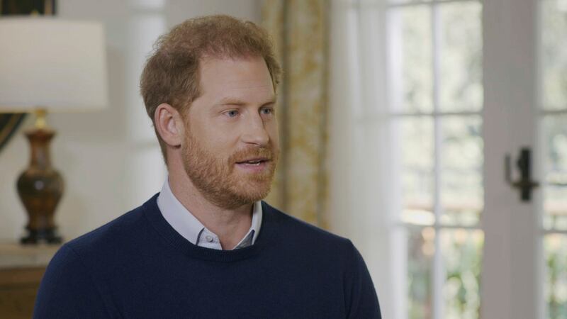Britain's Prince Harry speaks on the ITV programme, Harry: The Interview. PA via AP