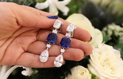 Rare Kashmir sapphire earrings on show at Sotheby's Dubai. Pawan Singh / The National