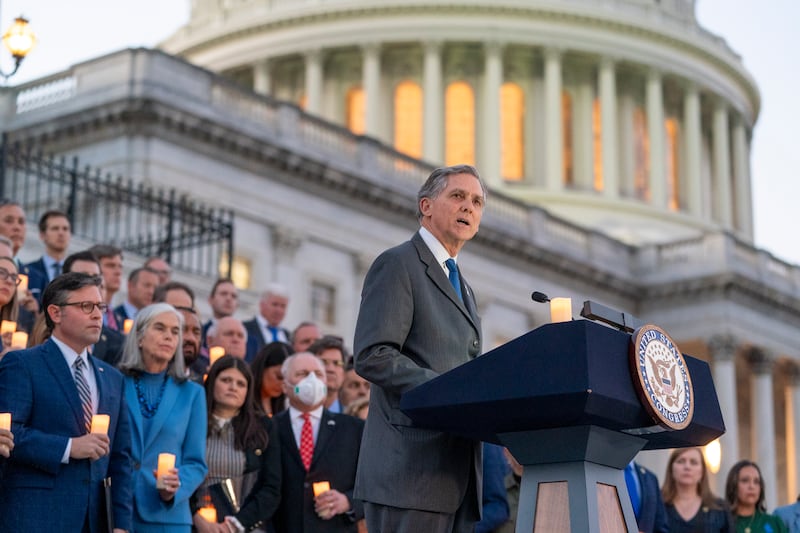 French Hill speaks at a vigil for Israel on the steps of the US House of Representatives. AP