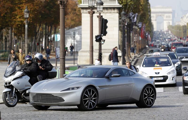 An Aston Martin DB10, the James Bond's car in the next movie 'Spectre', scheduled for November is seen during a ride on Place de la Concorde on October 11, 2015 in Paris, France.  Getty Images
