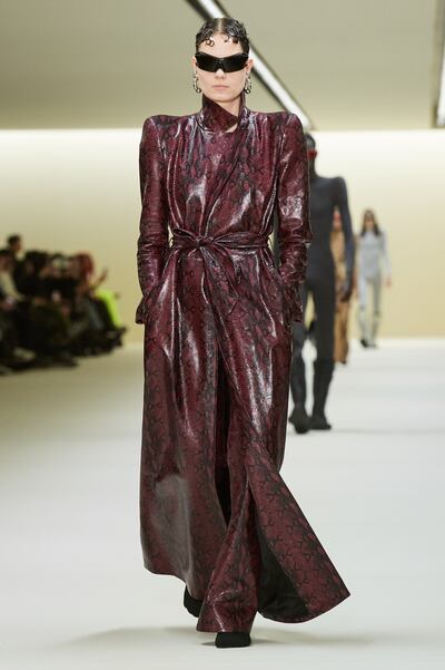 A great coat made in polished snake skin at the Balenciaga autumn/winter 2023 show during Paris Fashion Week. Photo: Balenciaga