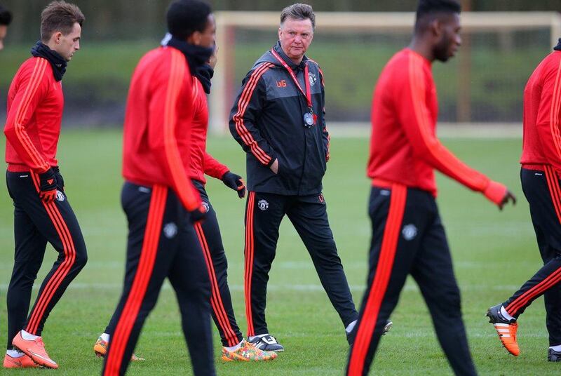Louis van Gaal, manager of Manchester Uniited looks on during a training session ahead of the Uefa Europa League round of 16 first leg match between Liverpool and Manchester United at Aon Training Complex on March 9, 2016 in Manchester, England.  (Photo by Dave Thompson/Getty Images)