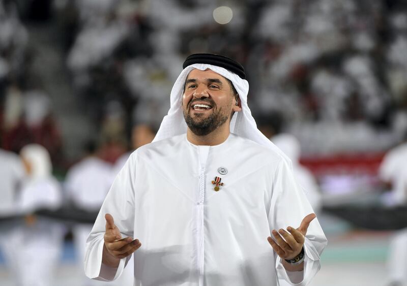 Emirati singer Hussain Al Jassmi performs during the opening ceremony for the 2019 AFC Asian Cup football competition prior to the game between United Arab Emirates and Bahrain at the Zayed sports city stadiuam in Abu Dhabi on January 05, 2019. (Photo by Khaled DESOUKI / AFP)