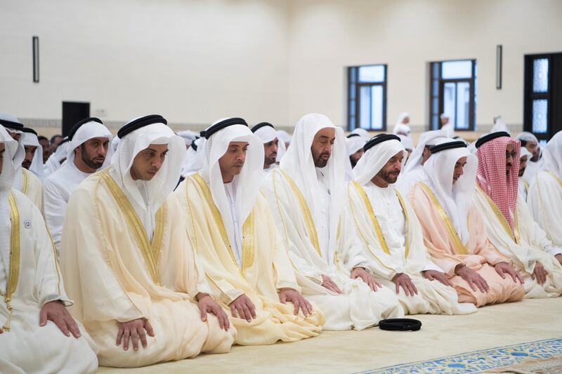 ABU DHABI, UNITED ARAB EMIRATES - August 21, 2018: HH Sheikh Mohamed bin Zayed Al Nahyan Crown Prince of Abu Dhabi Deputy Supreme Commander of the UAE Armed Forces (3rd L), attends Eid Al Adha prayers at Sheikh Sultan bin Zayed The First mosque. Seen with HH Sheikh Mansour bin Zayed Al Nahyan, UAE Deputy Prime Minister and Minister of Presidential Affairs (L), HH Sheikh Hazza bin Zayed Al Nahyan, Vice Chairman of the Abu Dhabi Executive Council (2nd L), HH Sheikh Suroor bin Mohamed Al Nahyan (4th L), HH Lt General Sheikh Saif bin Zayed Al Nahyan, UAE Deputy Prime Minister and Minister of Interior (5th L) and HH Sheikh Tahnoon bin Zayed Al Nahyan, UAE National Security Advisor (R).

( Saeed Al Neyadi / Crown Prince Court - Abu Dhabi )
---