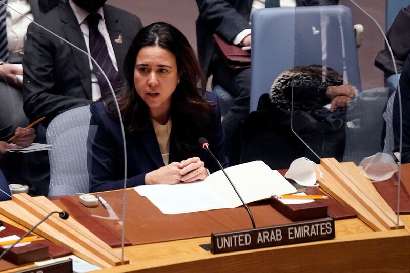 Lana Nusseibeh, the UAE Permanent Representative to the UN, addresses the Security Council.  AP