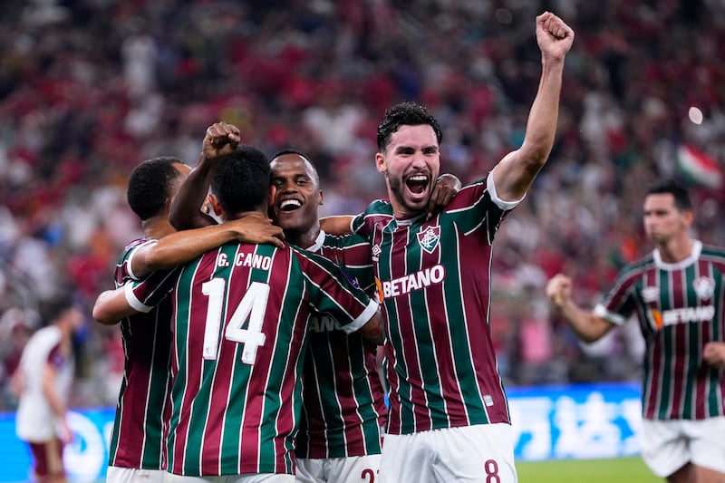 Fluminense's Jhon Arias, third from left, celebrates after scoring their opening goal from the penalty spot against Al Ahly in the Fifa Club World Cup semi-final at King Abdullah Sports City in Jeddah on Monday, December 18, 2023. AP 