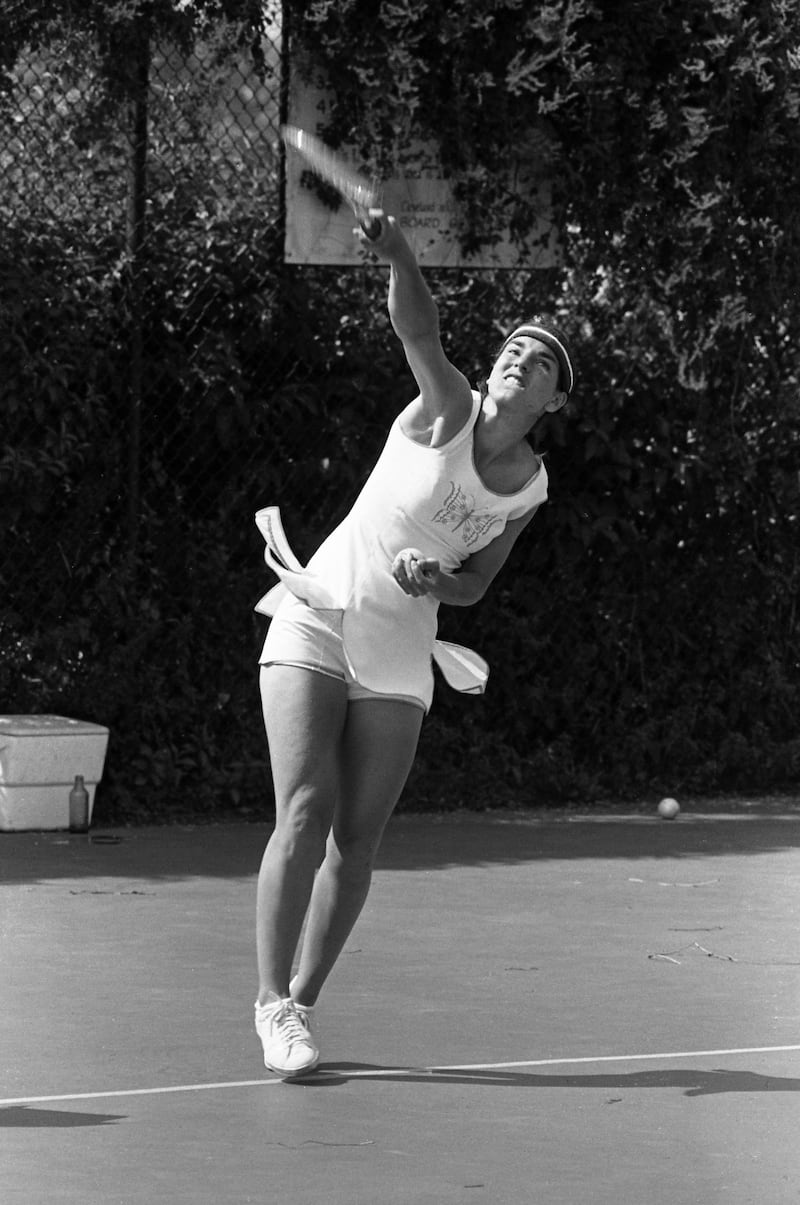 Julie Heldman of United States practices her serves for the 43rd Wightman Cup matches against Great Britain.  The tournament takes place at the Harold T. Clark Stadium.(Photo by Bettmann Archive/Getty Images)