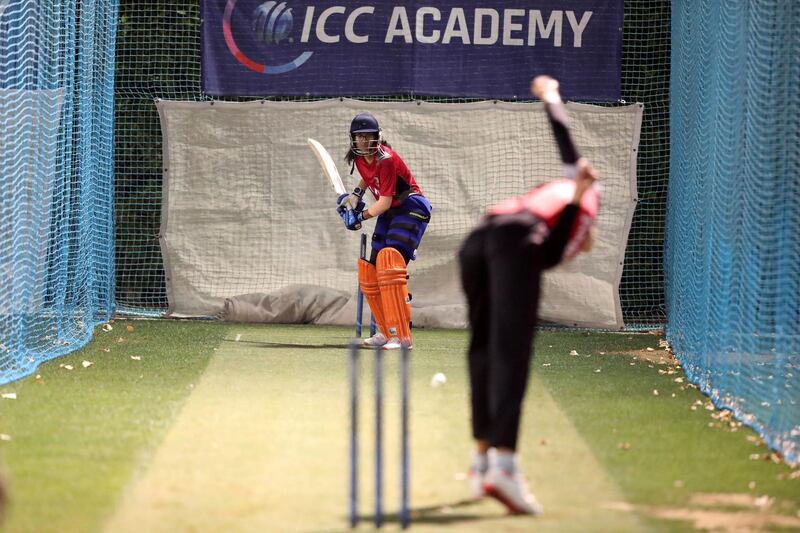 Dubai, United Arab Emirates - Reporter: Paul Radley. Sport. Khushi Sharma bats in the nets. UAE's leading women's players training before their T10 exhibition match next week. Wednesday, March 31st, 2021. Dubai. Chris Whiteoak / The National