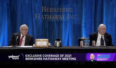 Berkshire Hathaway's chairman and chief executive officer Warren Buffett and vice chairman Charlie Munger speak at Berkshire's annual meeting, held virtually for a second year, in Los Angeles, California, U.S. May 1, 2021 in this screen grab taken from a live-stream video. Yahoo Finance/ Handout via REUTERS  THIS IMAGE HAS BEEN SUPPLIED BY A THIRD PARTY. NO RESALES. NO ARCHIVES. MANDATORY CREDIT.