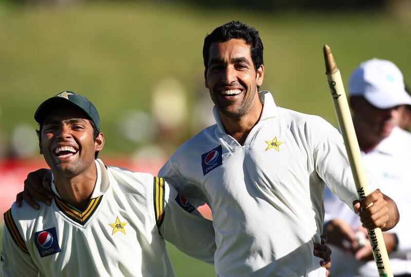 WELLINGTON, NEW ZEALAND - JANUARY 19:  Umar Gul and Umar Akmal of Pakistan celebrate their win during day five of the Second Test match between the New Zealand Blackcaps and Pakistan at Basin Reserve on January 19, 2011 in Wellington, New Zealand.  (Photo by Marty Melville/Getty Images)