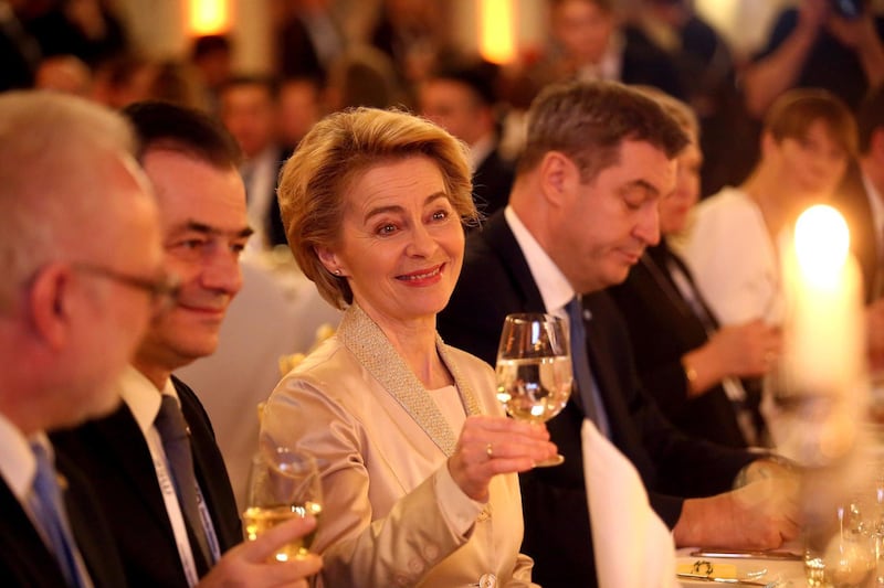 Ursula von der Leyen (C), president of the European commission of  attends  (beside of Romanian prime minister Ludovic Orban, L and Bavasrian state governor Markus Soeder, R) the state dinner in the Munich royal residence during the 2020 Munich Security Conference (MSC) in Munich, Germany. Getty Images