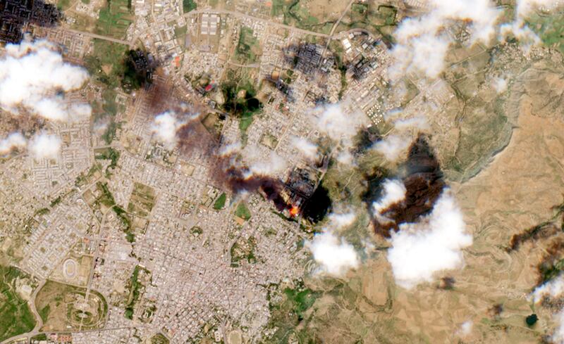 A satellite image shows smoke rising from Mekelle, Ethiopia, on October 20, 2021. Reuters