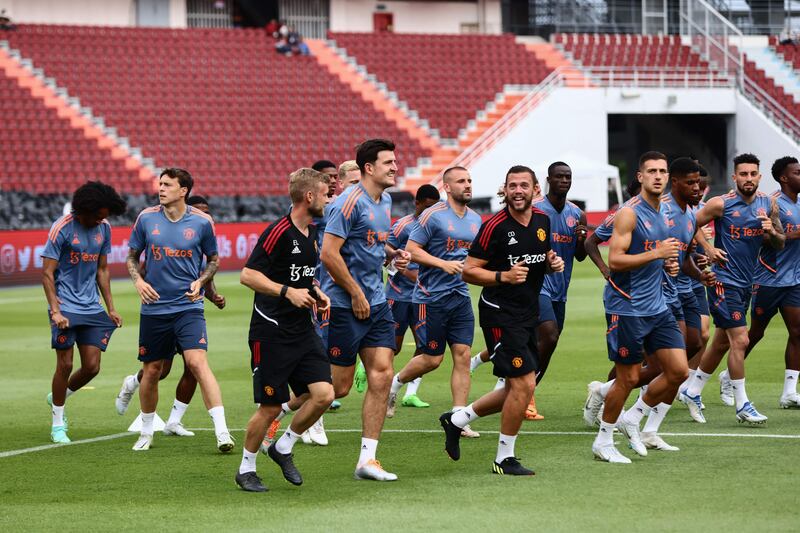 Manchester United players take part in a training session at Rajamangala National Stadium in Bangkok. AFP
