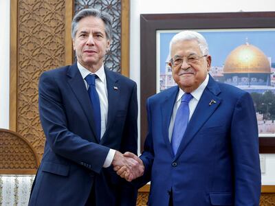 US Secretary of State Antony Blinken, left, met Palestinian Authority President Mahmoud Abbas in Ramallah in January. Reuters