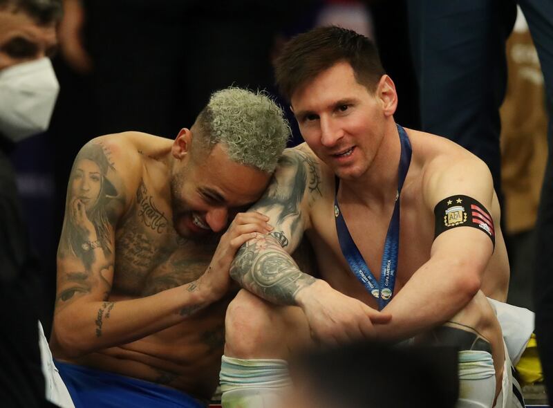 Brazil's Neymar and Lionel Messi of Argentina after the match. Reuters