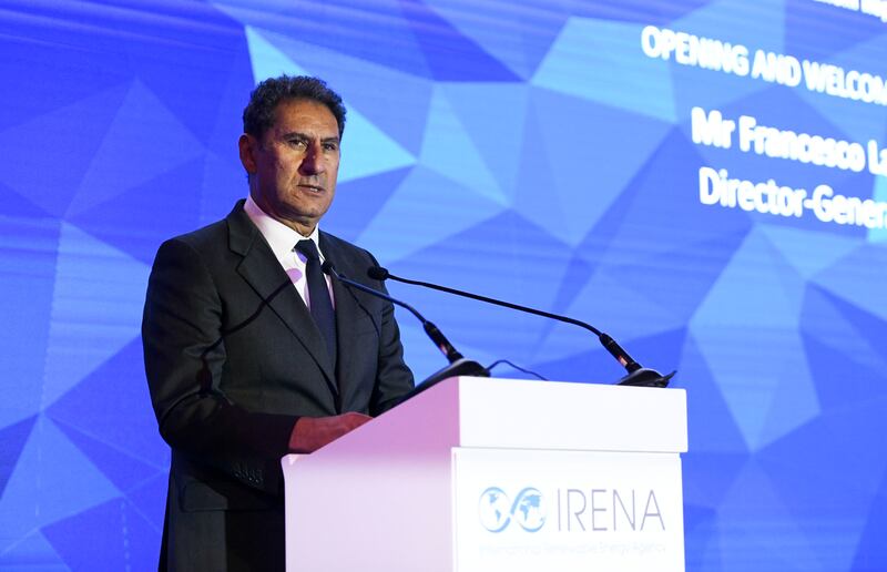 Irena director general Francesco La Camera speaks at the Renewables Talk event in Abu Dhabi. Khushnum Bhandari / The National