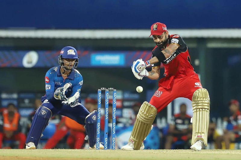 Virat Kohli Captain of Royal Challengers Bangalore plays a shot during match 1 of the Vivo Indian Premier League 2021 between Mumbai Indians and the Royal Challengers Bangalore held at the M. A. Chidambaram Stadium, Chennai on the 9th April 2021. Photo by Faheem Hussain / Sportzpics for IPL