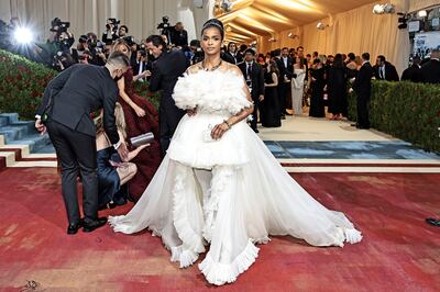 For the Met Gala 2022, Ramla Ali wore a white ruffled and feathered Giambattista Valli haute couture tulle gown. Getty Images
