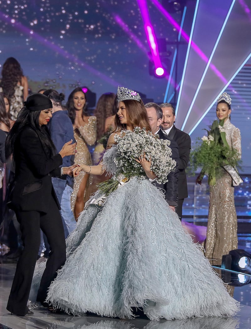 Maya Reaidy (C) reacts just after winning the Miss Lebanon 2018 beauty pageant. Photo / EPA