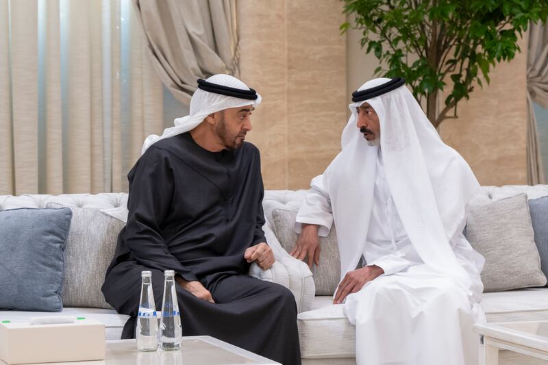 President Sheikh Mohamed and Rear Admiral Sheikh Saeed bin Hamdan bin Mohammed, Commander of the Naval Forces attend condolences for the late Sheikh Tahnoon bin Mohammed, Ruler's Representative of Al Ain Region, at Al Mushrif Palace.
