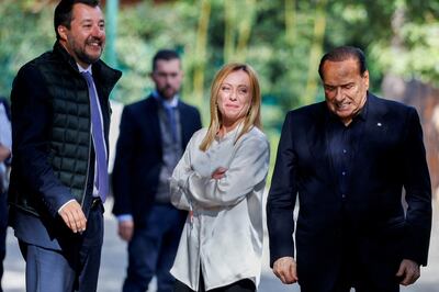 From left, Matteo Salvini, Giorgia Meloni and Silvio Berlusconi could form a right-wing coalition after Italy's election. Reuters 