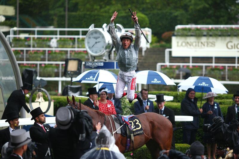 Frankie Dettori celebrates after riding Raffle Prize to victory in The Queen Mary Stakes. Getty Images