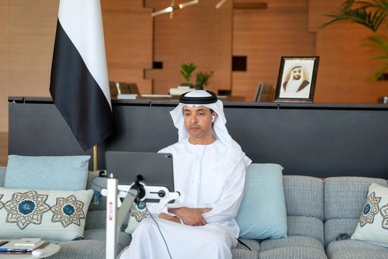ABU DHABI, UNITED ARAB EMIRATES - November 22, 2020: HH Sheikh Hazza bin Zayed Al Nahyan, Vice Chairman of the Abu Dhabi Executive Council (C) attends a virtual Supreme Petroleum Council meeting.

( Eissa Al Hammadi for the Ministry of Presidential Affairs )
---