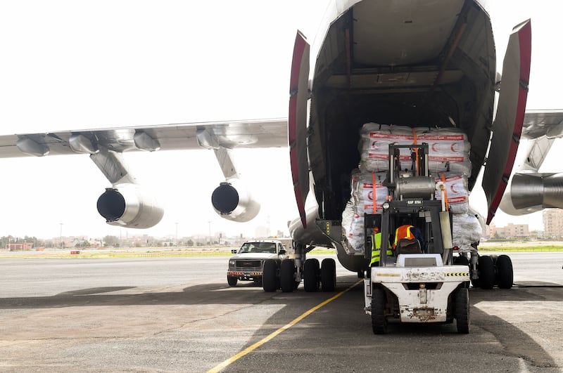 The shipment, which included 30 tonnes of shelter materials and basic items, landed at Khartoum Airport on Friday.