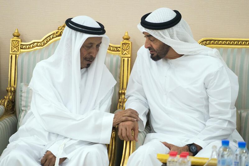 ABU DHABI, UNITED ARAB EMIRATES - June 05, 2018: HH Sheikh Mohamed bin Zayed Al Nahyan Crown Prince of Abu Dhabi Deputy Supreme Commander of the UAE Armed Forces (R), offers condolences to Abdullah Al Mehairbi (L).

( Mohamed Al Hammadi / Crown Prince Court - Abu Dhabi )
---