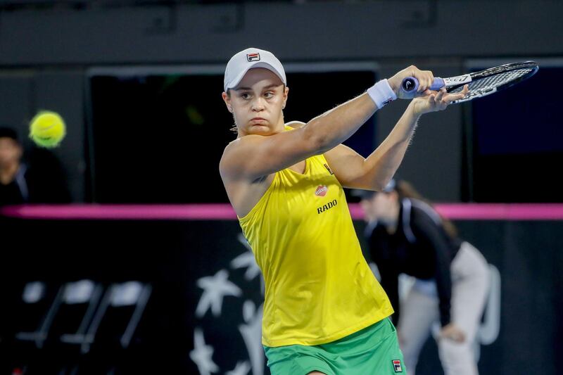 epa07516935 Ashleigh Barty of Australia in action against Victoria Azarenka of Belarus during the Fed Cup World Group semifinal between Australia and Belarus at Pat Rafter Arena in Brisbane, Australia, 20 April 2019.  EPA/GLENN HUNT AUSTRALIA AND NEW ZEALAND OUT