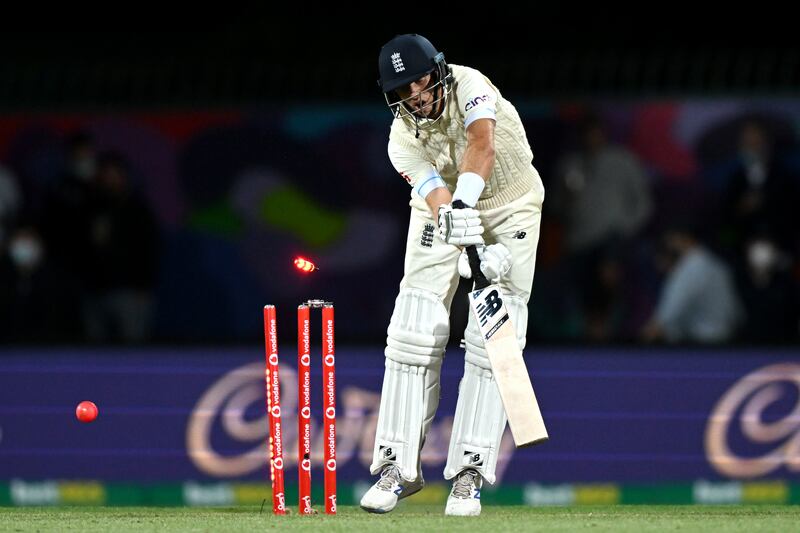 England captain Joe Root is bowled out by Australia's Scott Boland for 11. Getty
